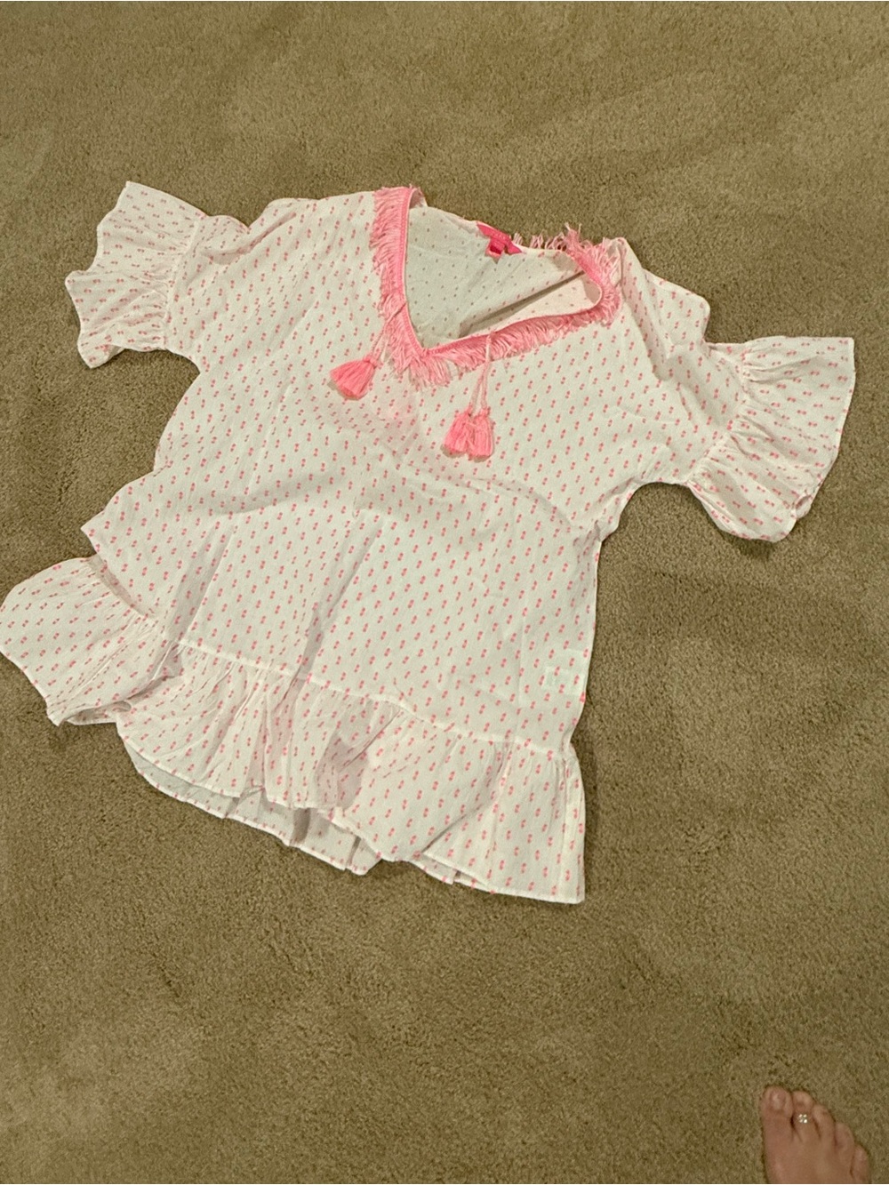 Lilly Pulitzer White Blouse with Pink Dot Tassel Trim